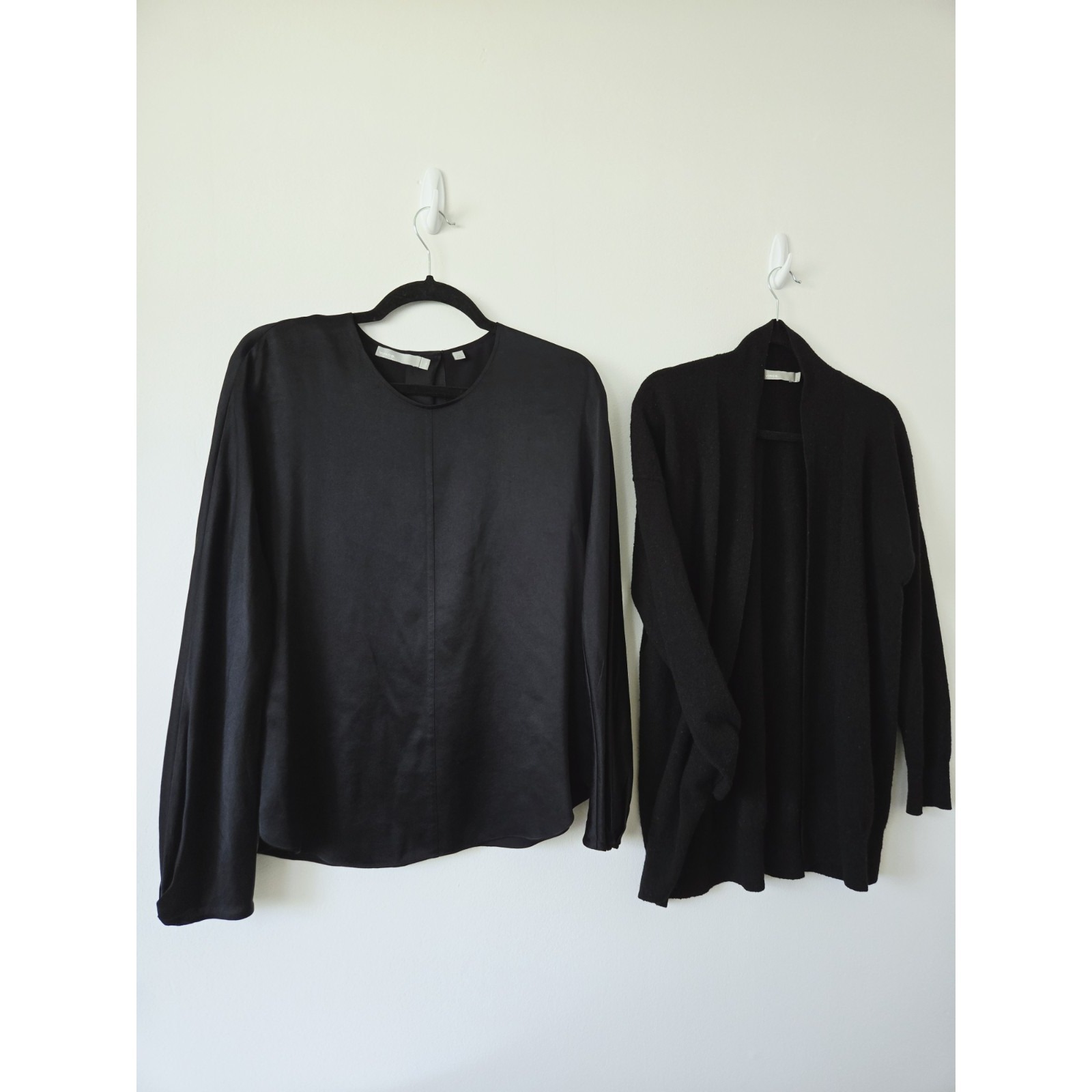 Vince Silk Top & Cashmere Blend Open-Front Cardigan Black Sz M (Bundle) Luxury